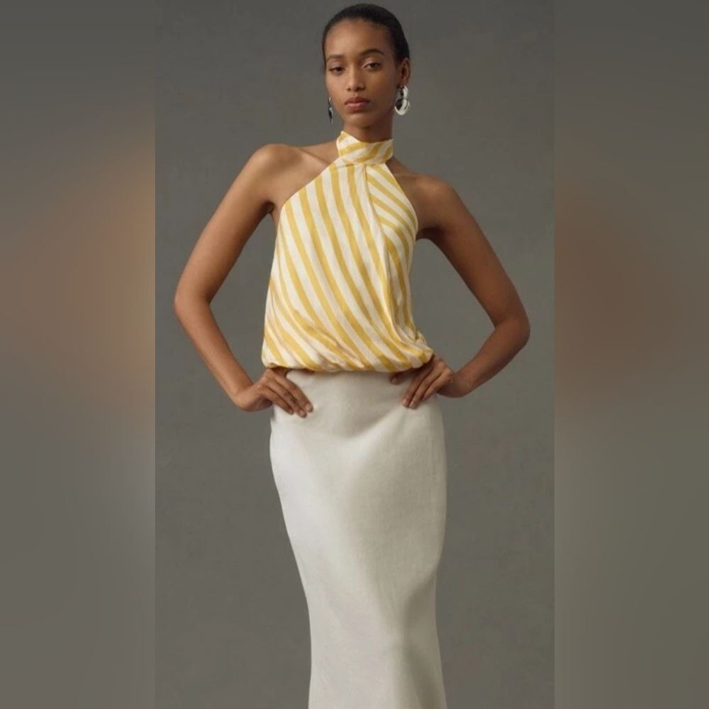 NWT Anthropologie Maeve Halter Scarf Bubble-Hem Tank Top Yellow Stripe size L